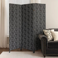 71 Inch 3 Panel Fabric Room Divider with Geometric Print, Black - BM238284