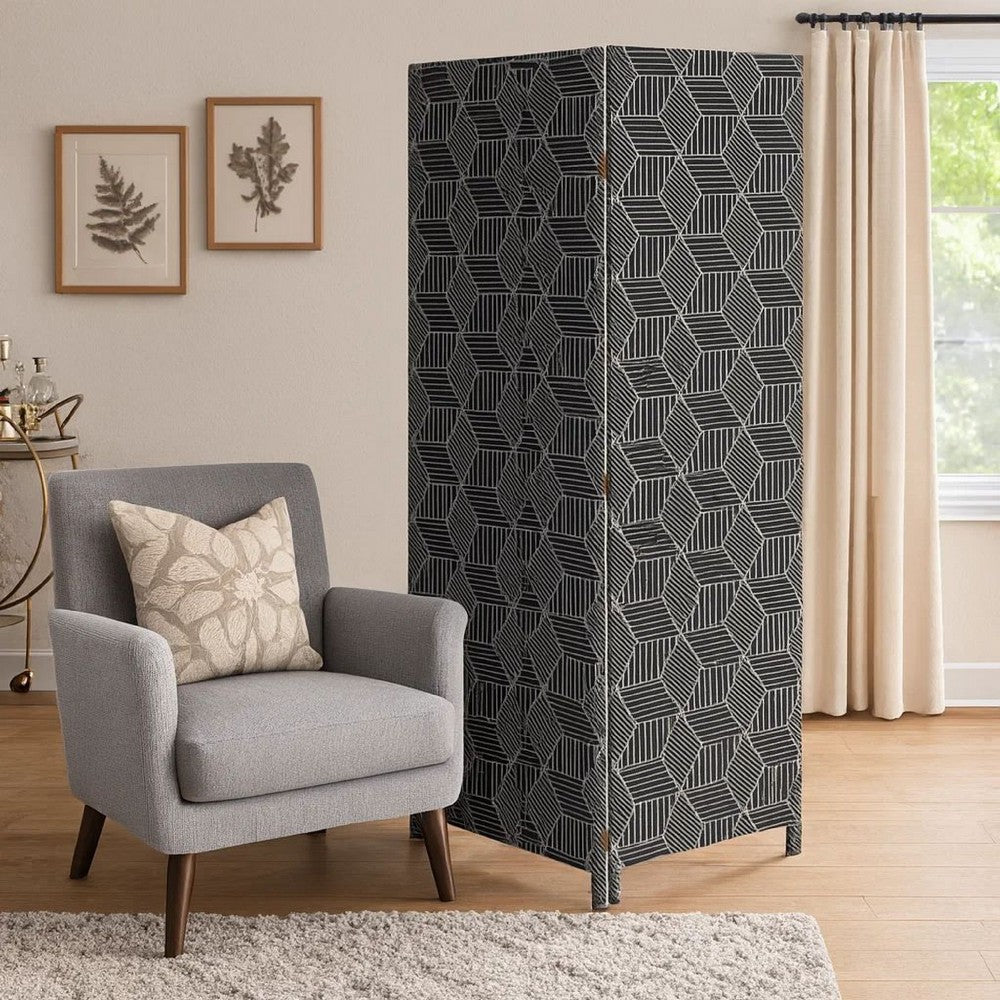 71 Inch 3 Panel Fabric Room Divider with Geometric Print, Black - BM238284