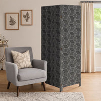 71 Inch 3 Panel Fabric Room Divider with Geometric Print, Black - BM238284