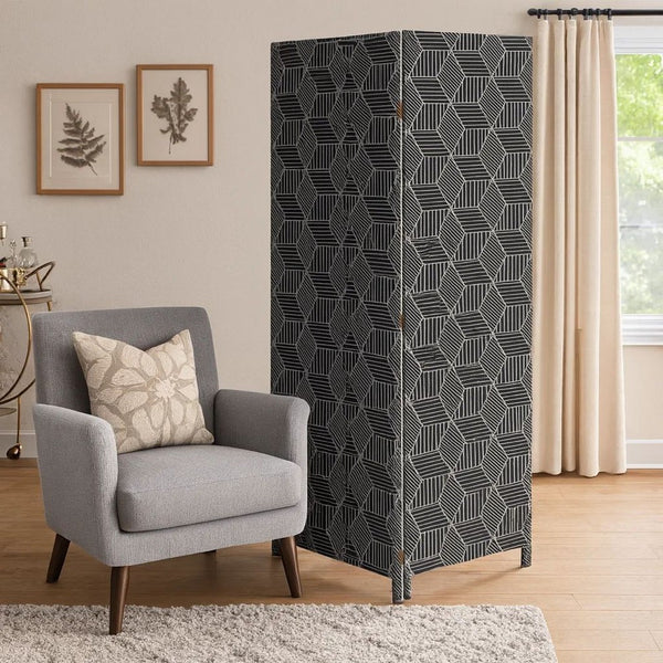 71 Inch 3 Panel Fabric Room Divider with Geometric Print, Black - BM238284