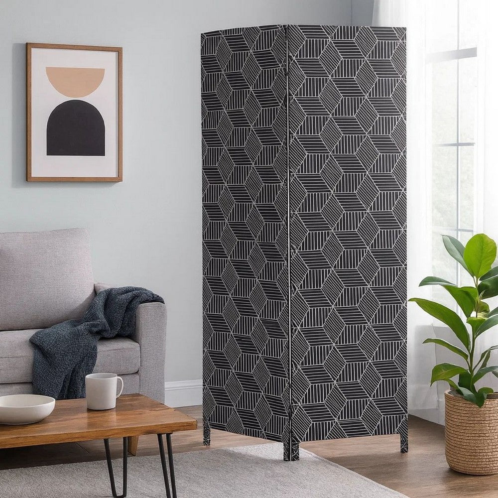 71 Inch 3 Panel Fabric Room Divider with Geometric Print, Black - BM238284