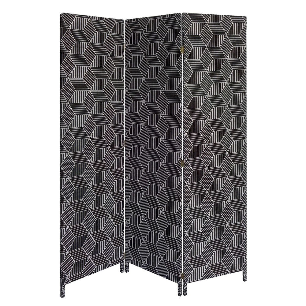 71 Inch 3 Panel Fabric Room Divider with Geometric Print, Black - BM238284