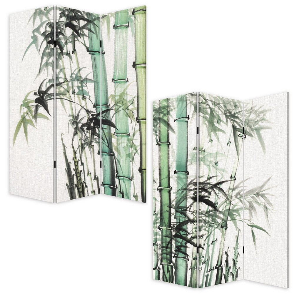 72 Inch 3 Panel Canvas Room Divider with Bamboo Print,Multicolor - BM238286