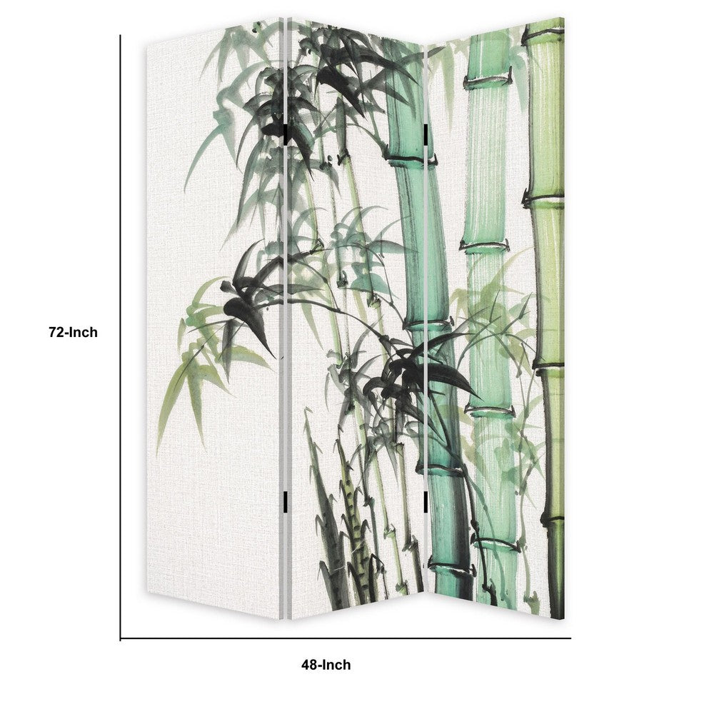 72 Inch 3 Panel Canvas Room Divider with Bamboo Print,Multicolor - BM238286