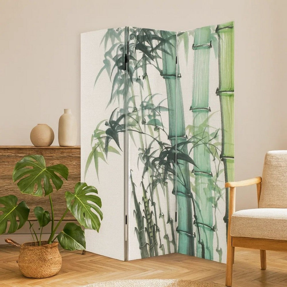 72 Inch 3 Panel Canvas Room Divider with Bamboo Print,Multicolor - BM238286