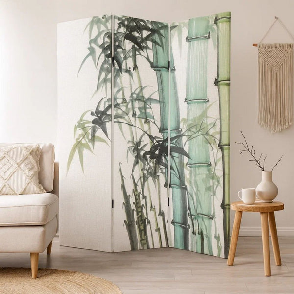 72 Inch 3 Panel Canvas Room Divider with Bamboo Print,Multicolor - BM238286