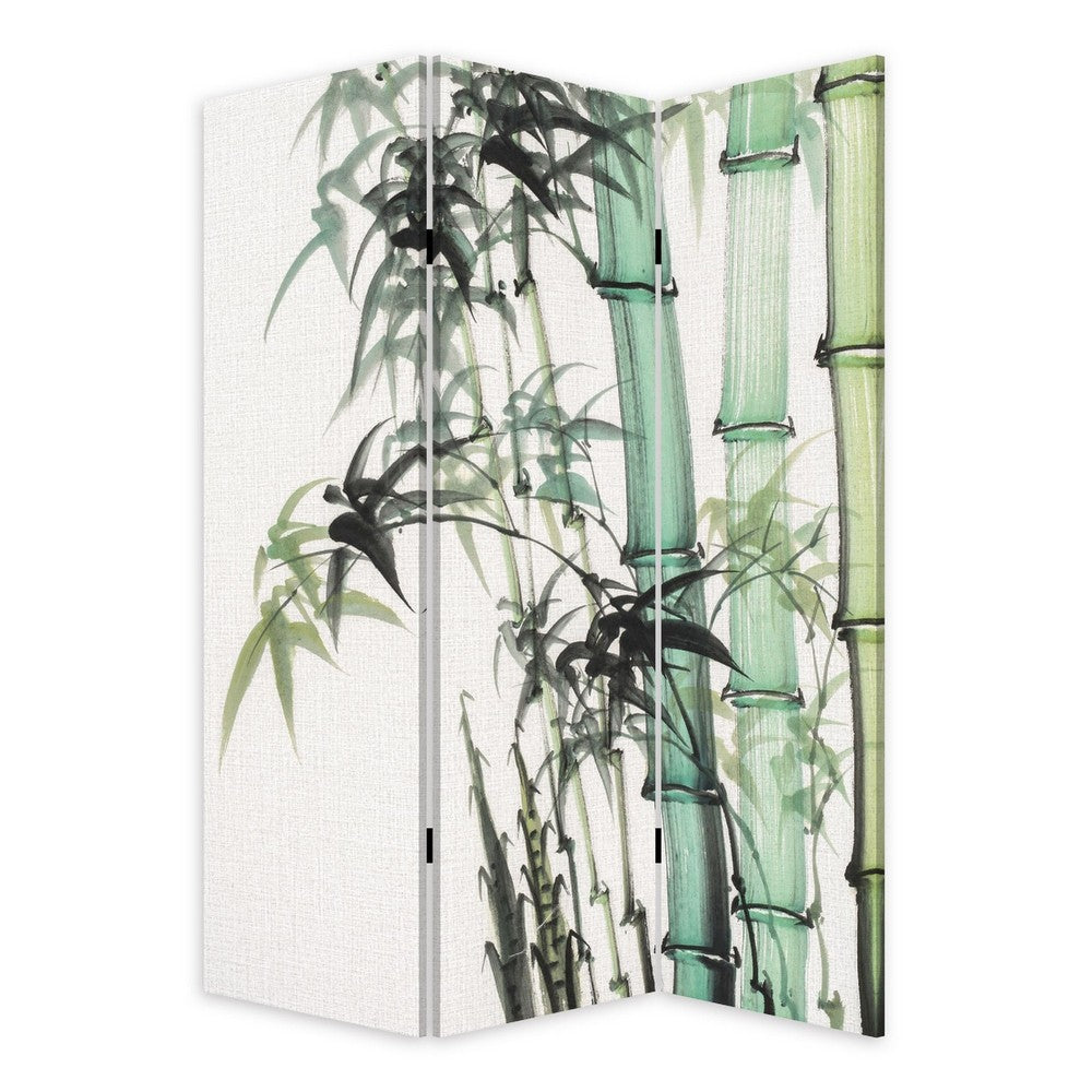 72 Inch 3 Panel Canvas Room Divider with Bamboo Print,Multicolor - BM238286