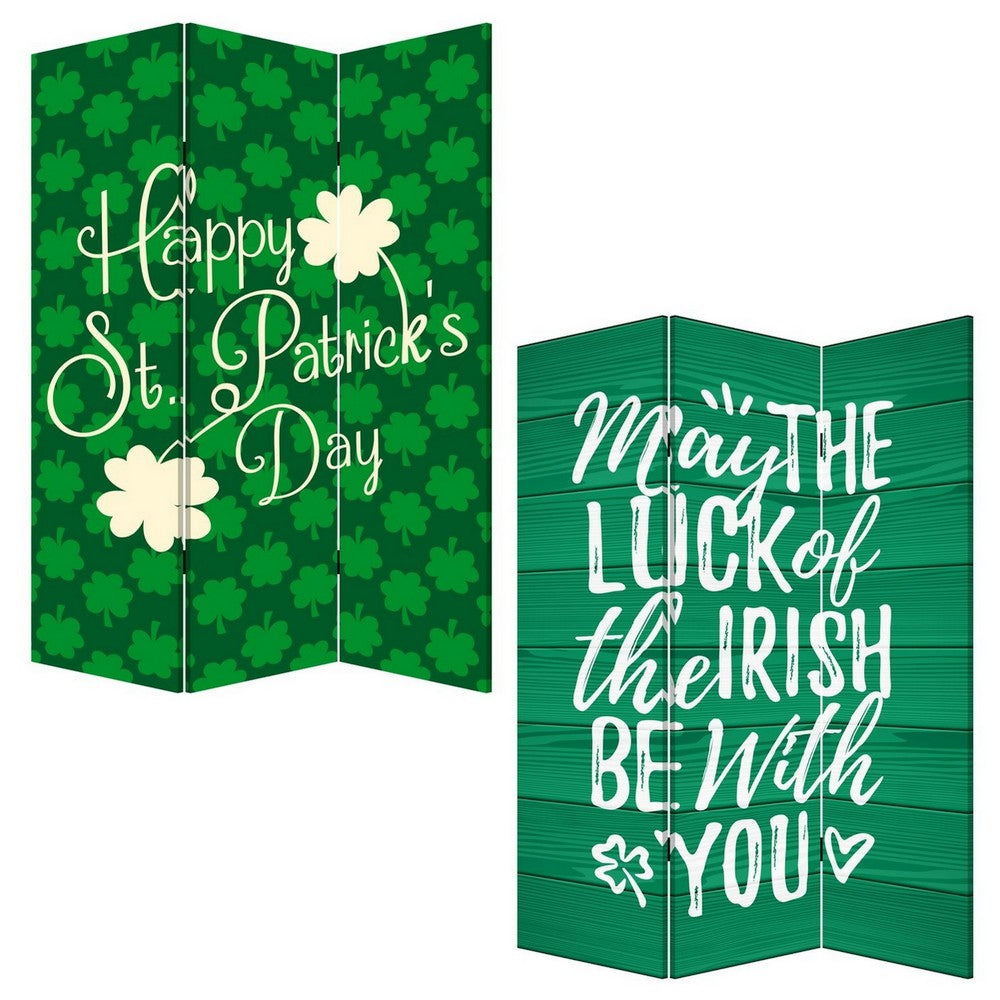 72 Inch 3 Panel Canvas St Patricks Day Print Room Divider,Green - BM238287
