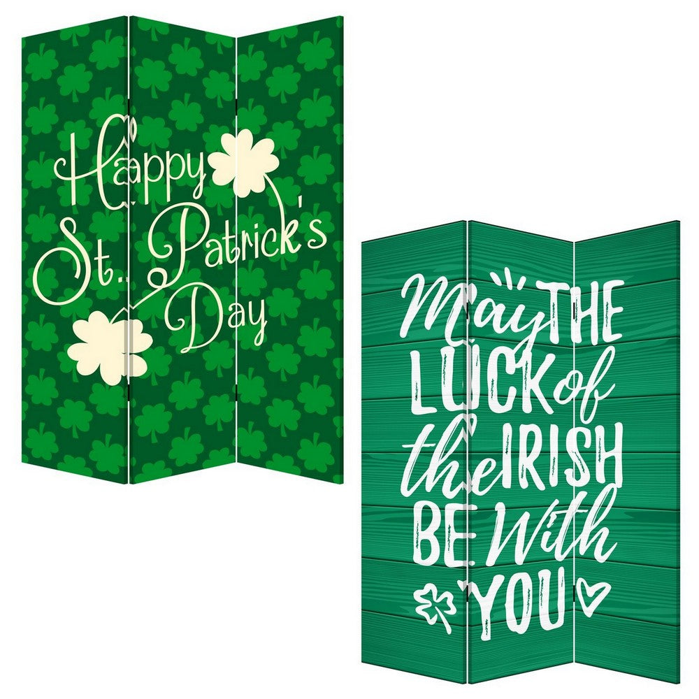 72 Inch 3 Panel Canvas St Patricks Day Print Room Divider,Green - BM238287