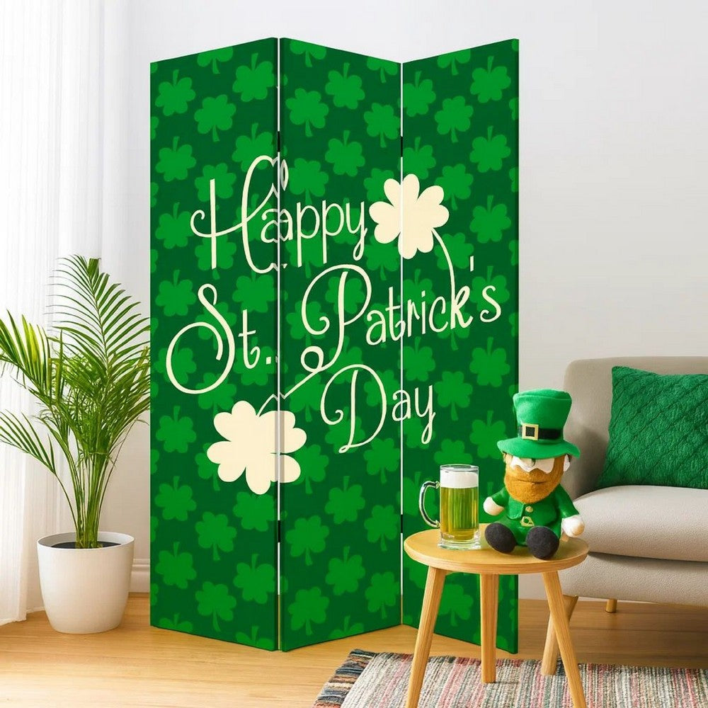72 Inch 3 Panel Canvas St Patricks Day Print Room Divider,Green - BM238287