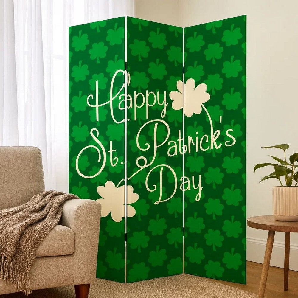 72 Inch 3 Panel Canvas St Patricks Day Print Room Divider,Green - BM238287
