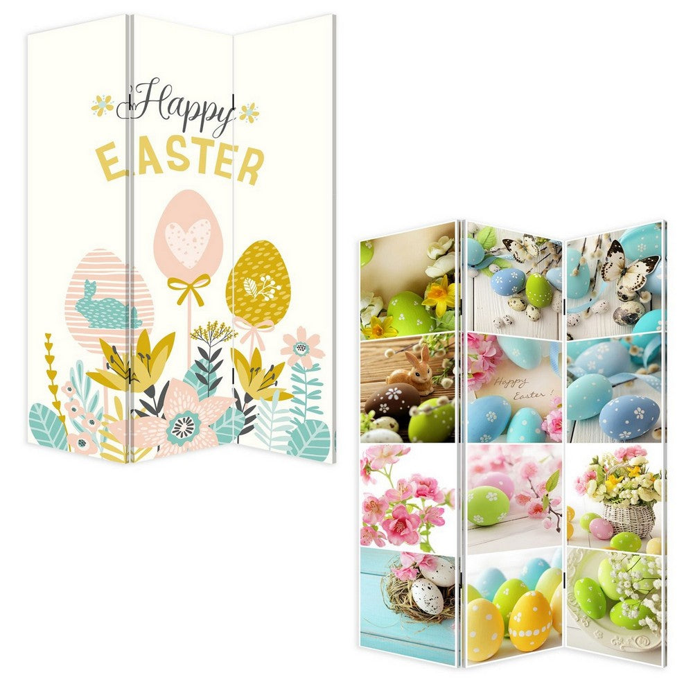 72 Inch 3 Panel Canvas Room Divider with Easter Print,Multicolor - BM238288