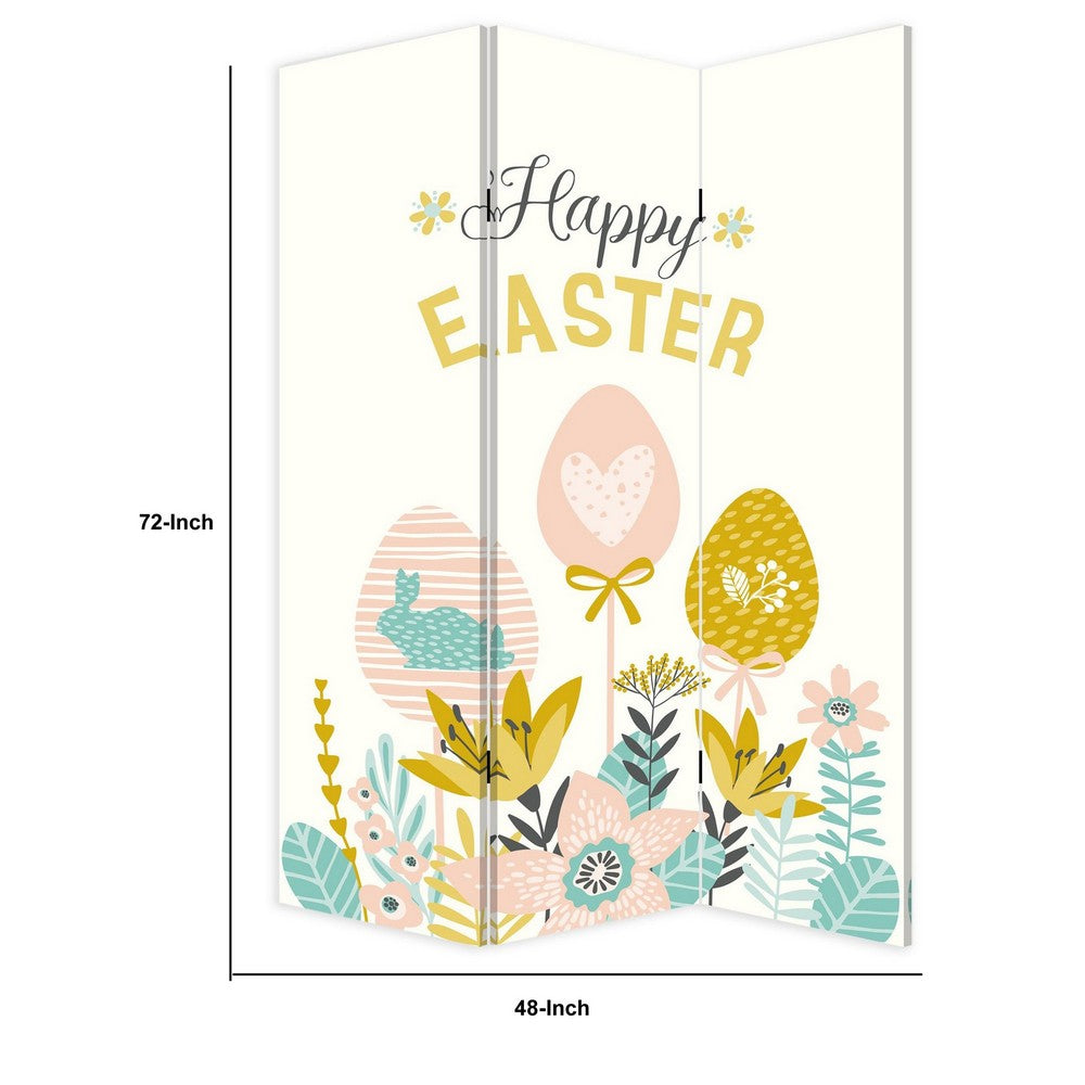 72 Inch 3 Panel Canvas Room Divider with Easter Print,Multicolor - BM238288