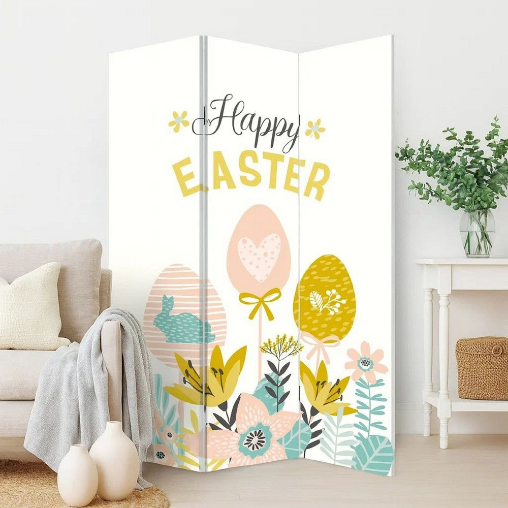 72 Inch 3 Panel Canvas Room Divider with Easter Print,Multicolor - BM238288