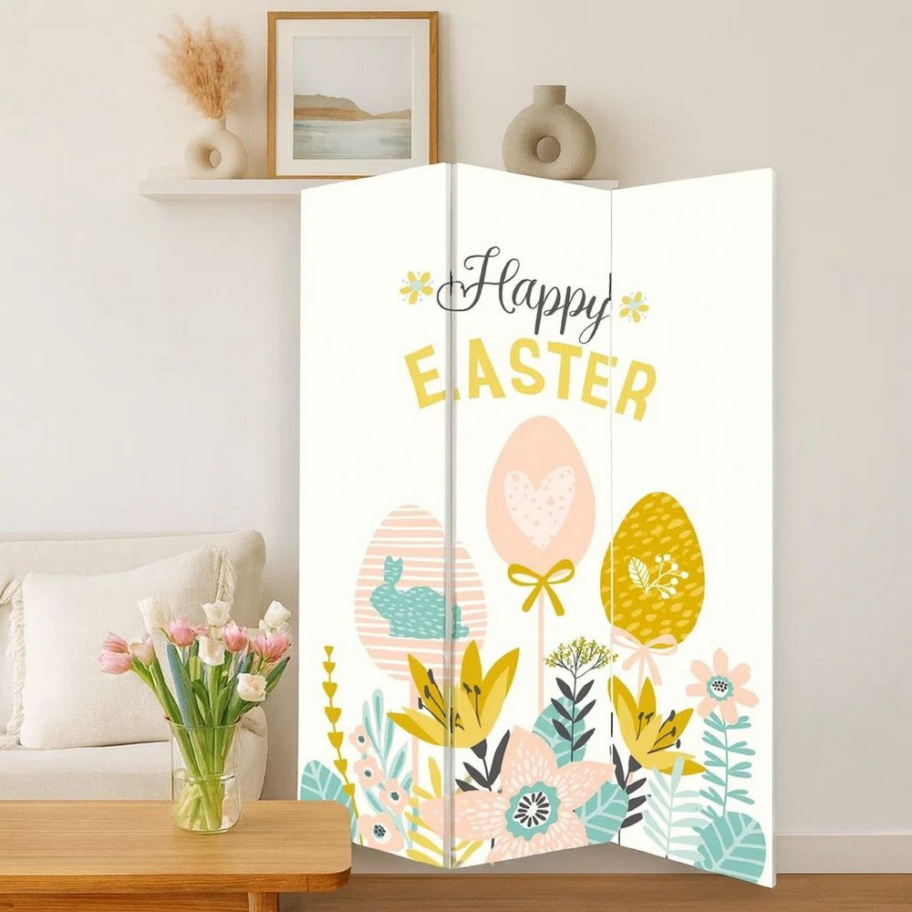 72 Inch 3 Panel Canvas Room Divider with Easter Print,Multicolor - BM238288