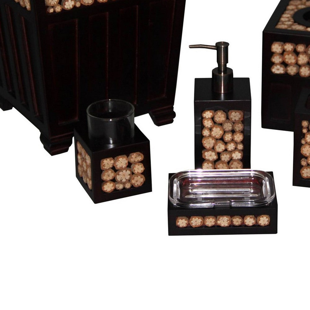 6 Piece Wooden Bath Ensemble Set with Log Accents, Brown - BM238293
