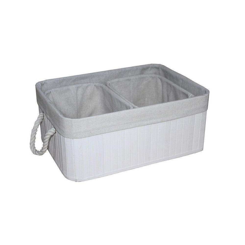 Rectangular Wooden and Fabric Storage Box, Set of 3, White - BM238295