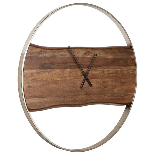 36 Inches Wall Clock with Faux Live Edge Design, Brown and Silver  - BM238388