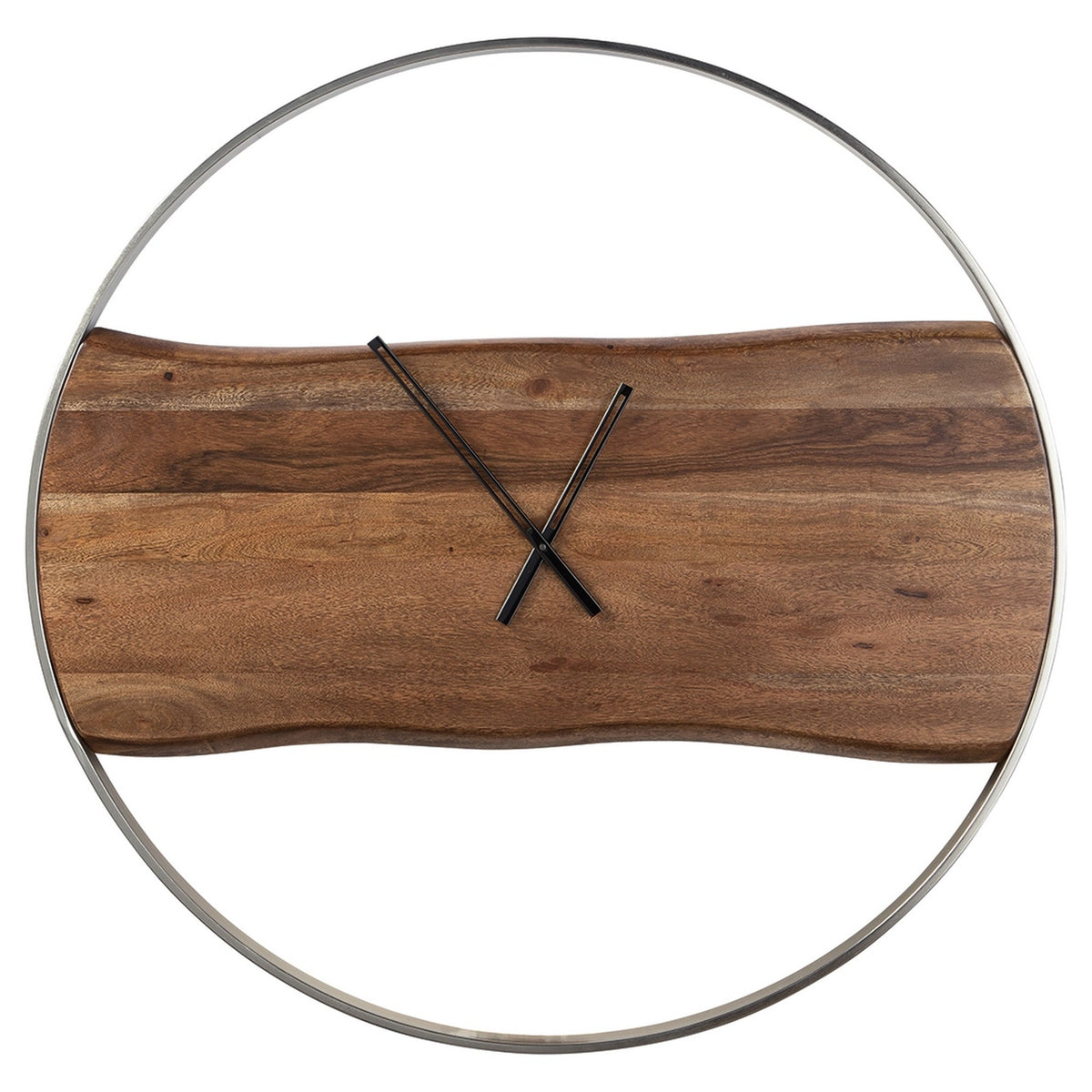 36 Inches Wall Clock with Faux Live Edge Design, Brown and Silver  - BM238388