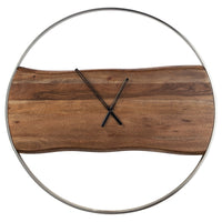 36 Inches Wall Clock with Faux Live Edge Design, Brown and Silver  - BM238388
