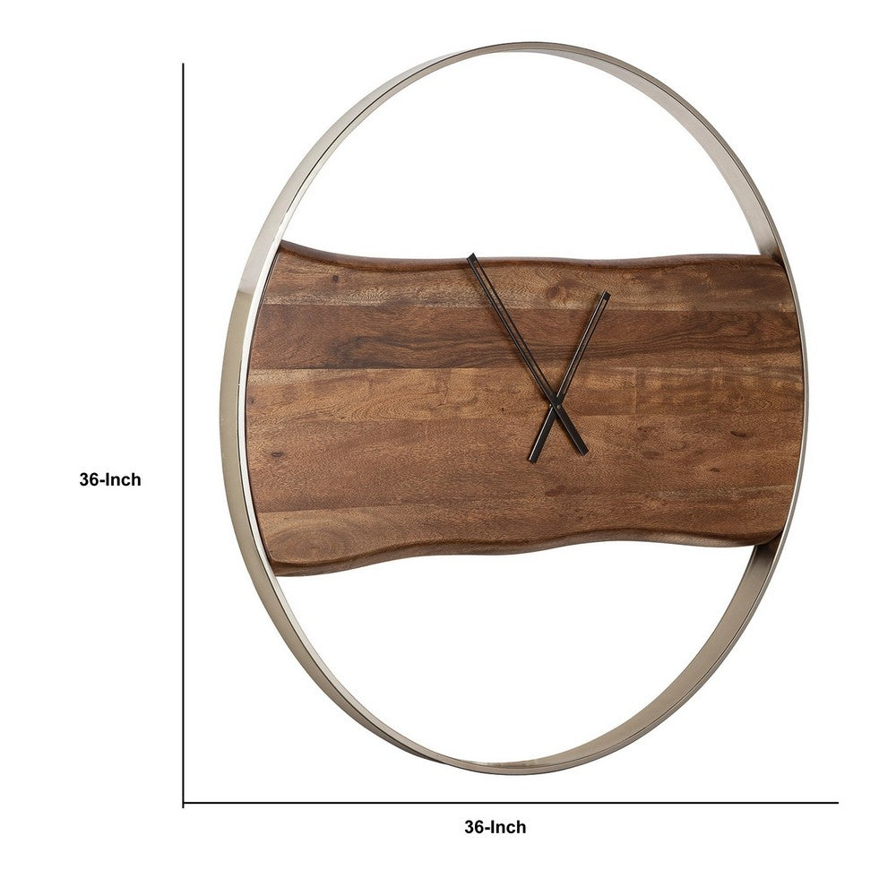 36 Inches Wall Clock with Faux Live Edge Design, Brown and Silver  - BM238388