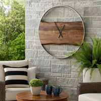 36 Inches Wall Clock with Faux Live Edge Design, Brown and Silver  - BM238388