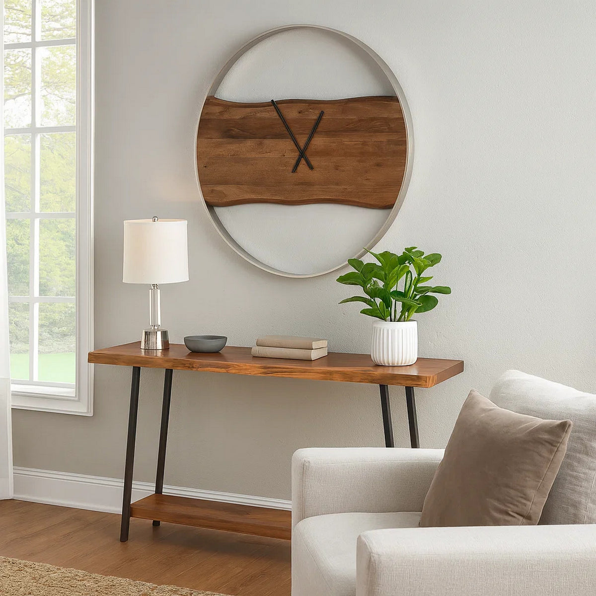 36 Inches Wall Clock with Faux Live Edge Design, Brown and Silver  - BM238388