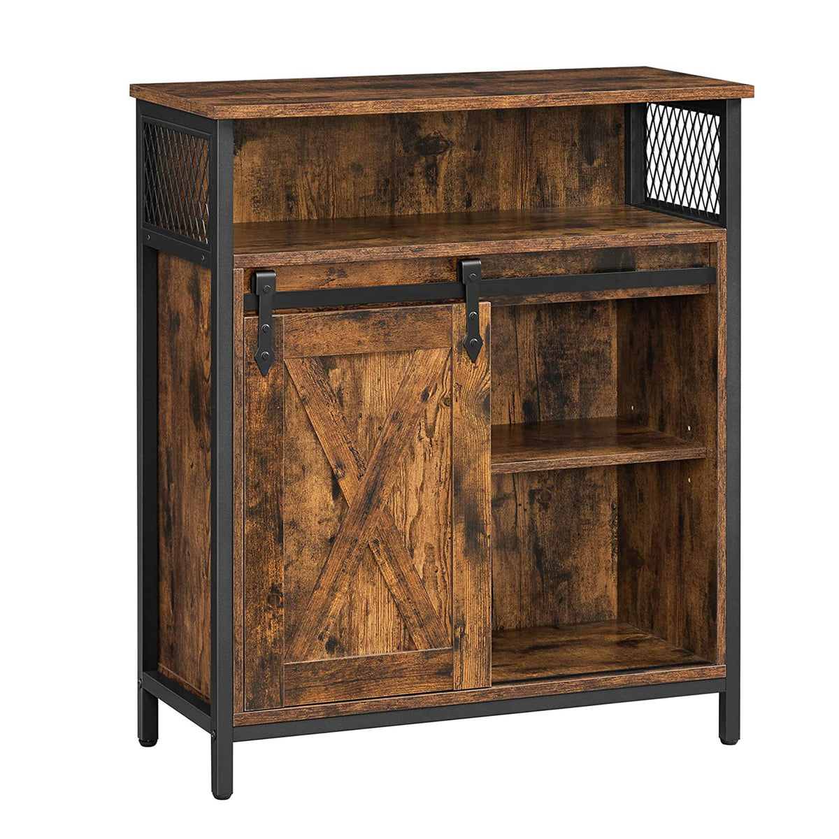 32 Inch Industrial Sideboard Buffet Cabinet, Barn Sliding Door, Rustic Brown, Black - BM239268