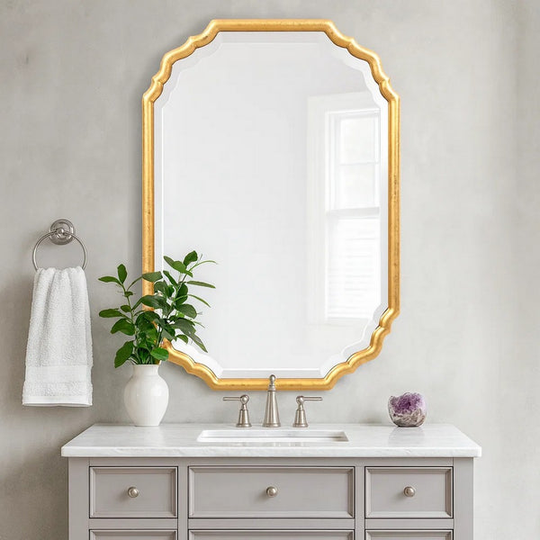 32 Inches Curved Design Wooden Vanity Mirror, Gold - BM239363