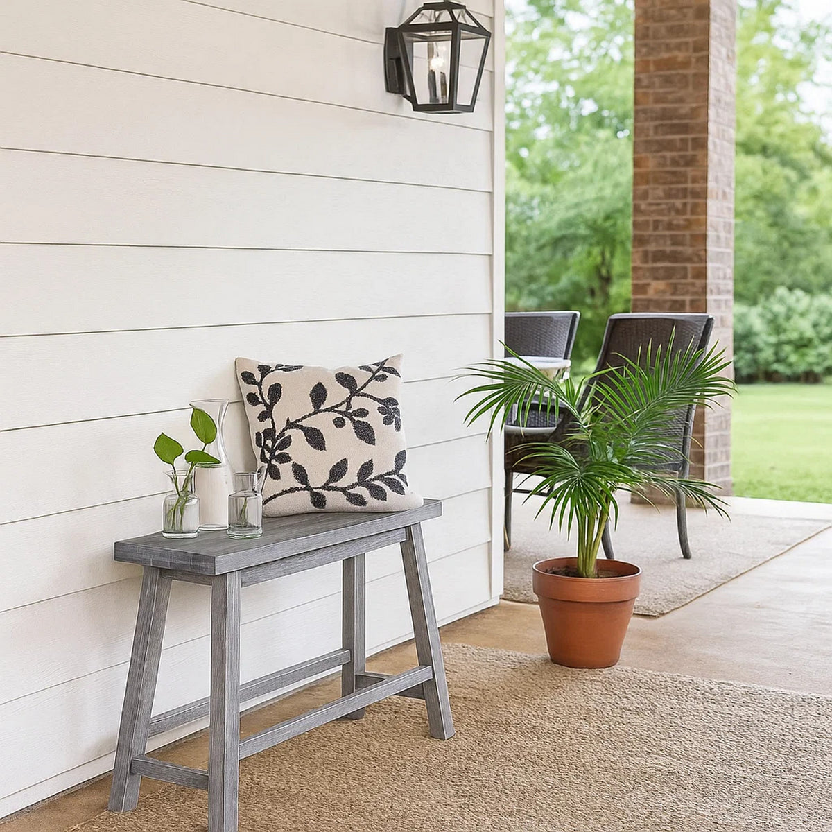 Saddle Design Wooden Bench with Grain Details, Gray - BM239731