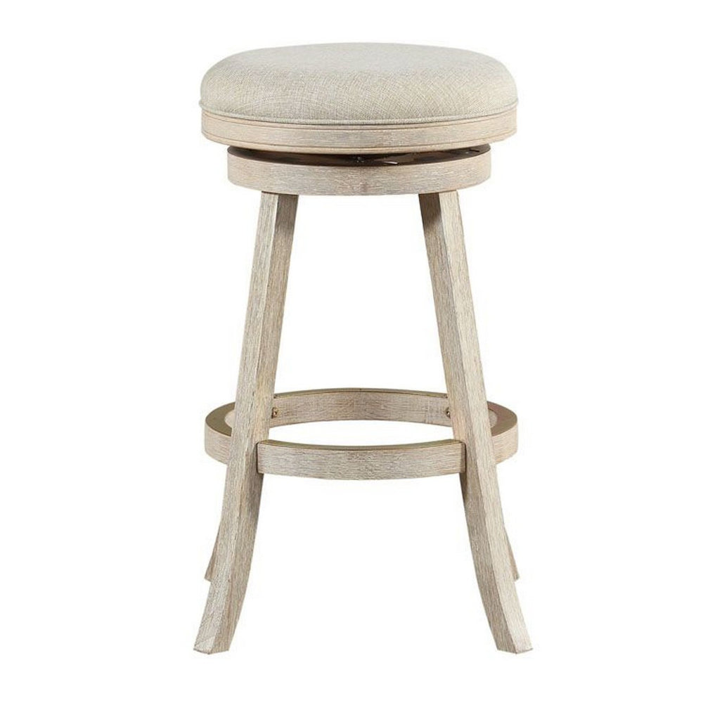 29 Inches Wooden Swivel Bar Stool with Round Fabric Seat, Ivory - BM239736