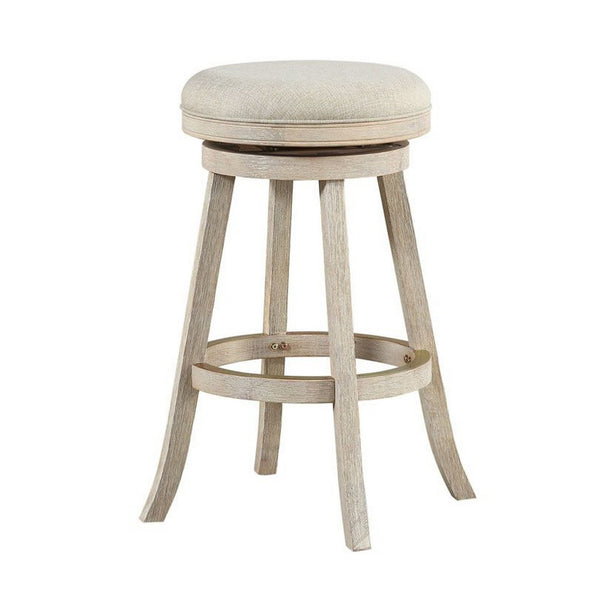 29 Inches Wooden Swivel Bar Stool with Round Fabric Seat, Ivory - BM239736