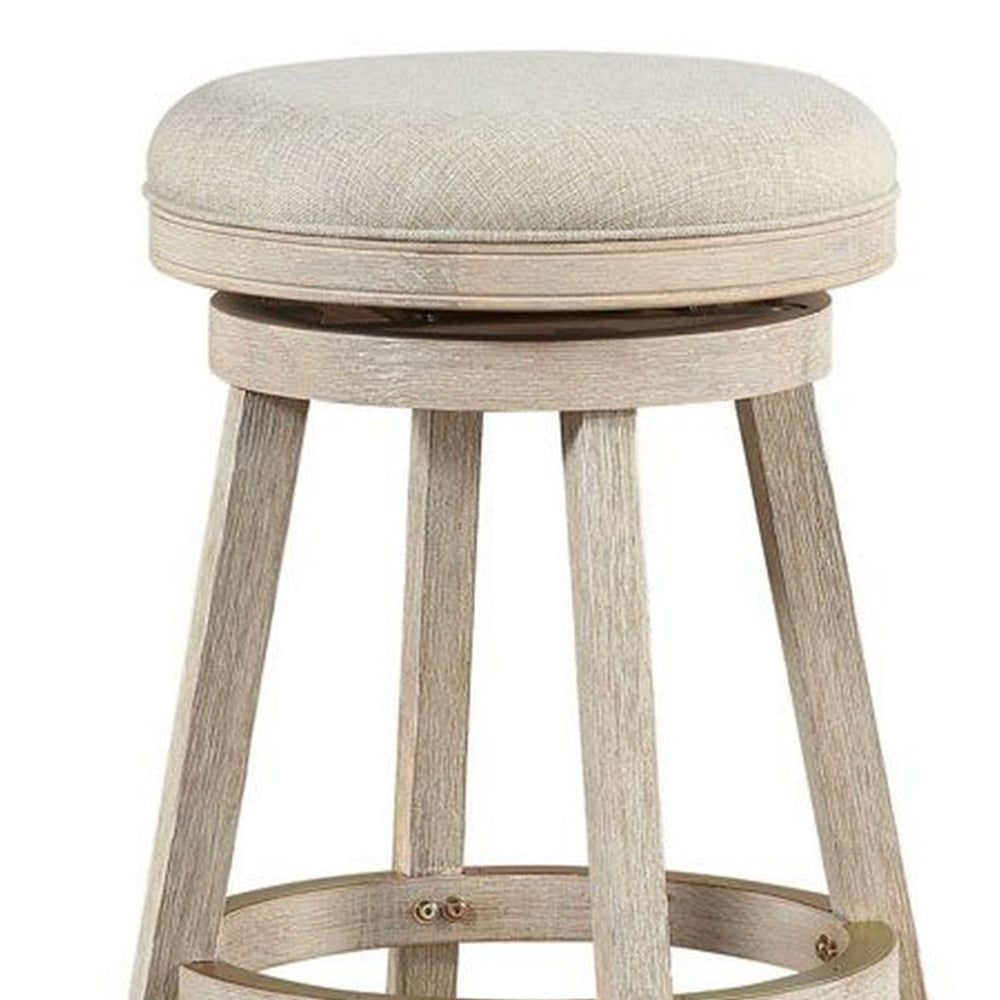 29 Inches Wooden Swivel Bar Stool with Round Fabric Seat, Ivory - BM239736