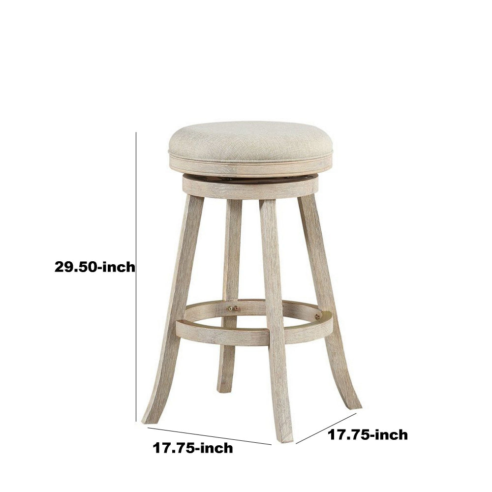 29 Inches Wooden Swivel Bar Stool with Round Fabric Seat, Ivory - BM239736