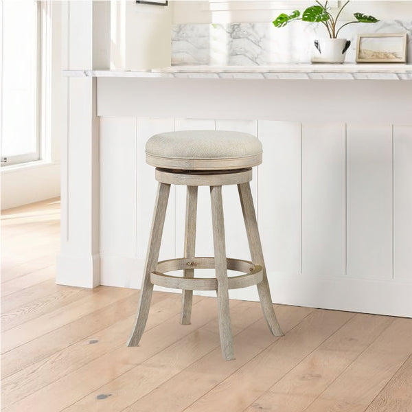 29 Inches Wooden Swivel Bar Stool with Round Fabric Seat, Ivory - BM239736