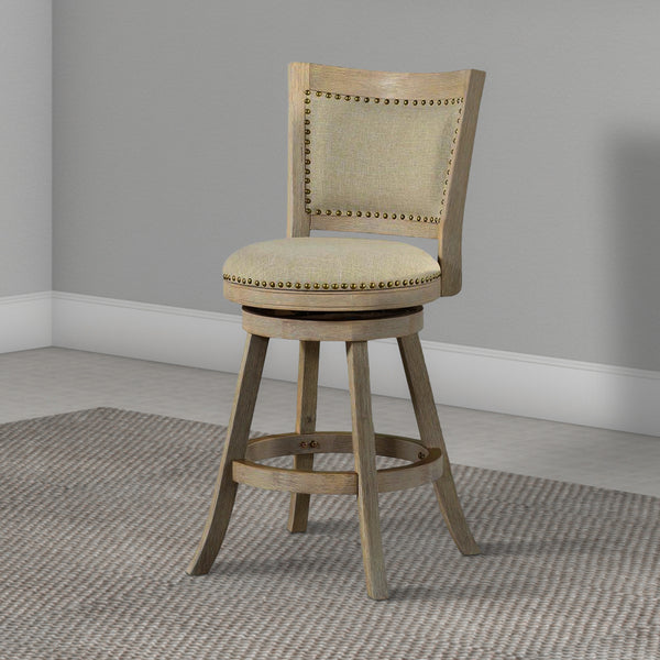 Curved Back Wood Swivel Counter Stool, Nailhead Trim, Driftwood Wire-Brush, Ivory - BM239738