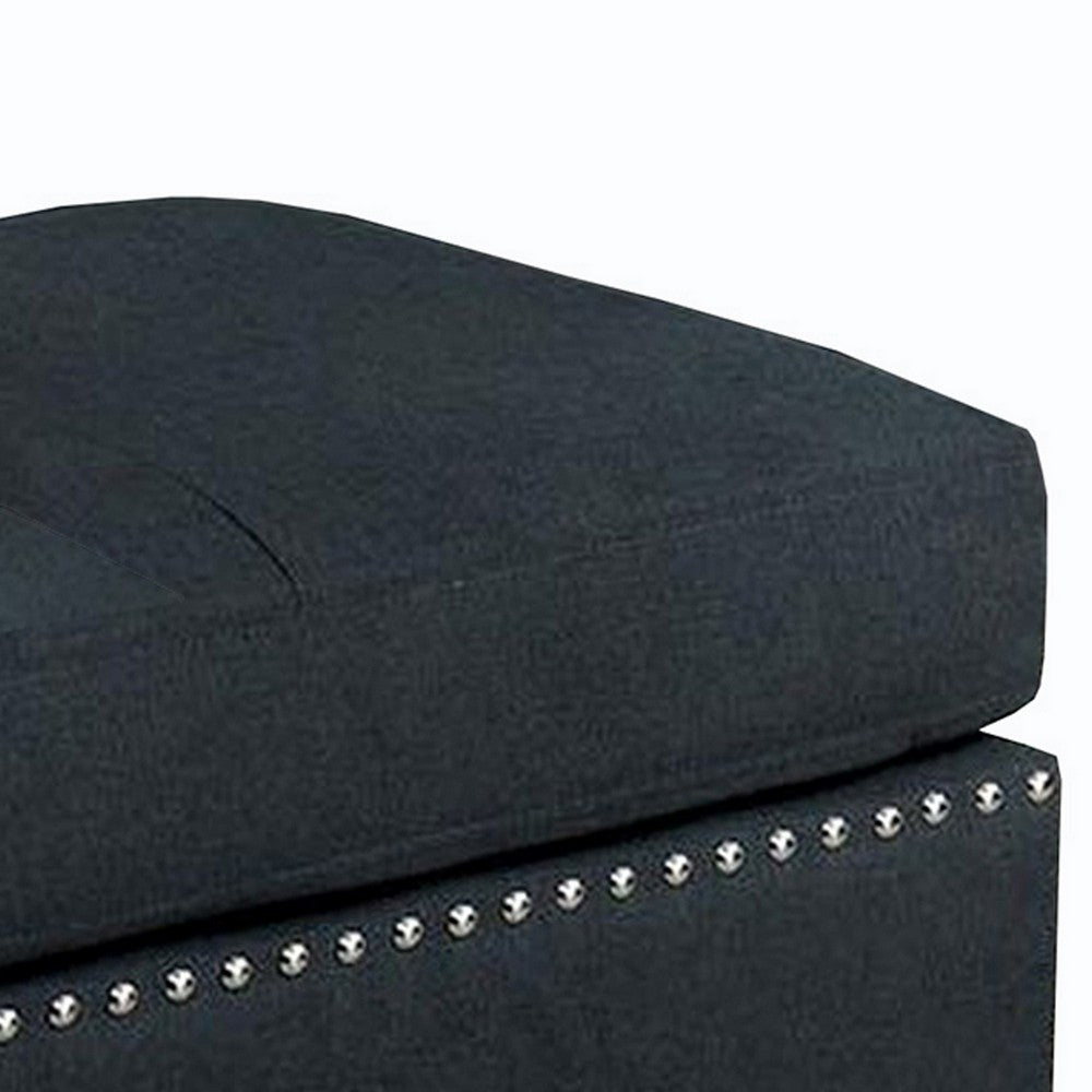 Nailhead Trim Fabric Upholstered Ottoman with Box Cushion Seat, Dark Gray - BM239787