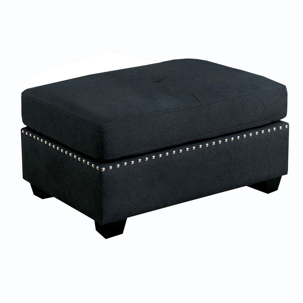 Nailhead Trim Fabric Upholstered Ottoman with Box Cushion Seat, Dark Gray - BM239787