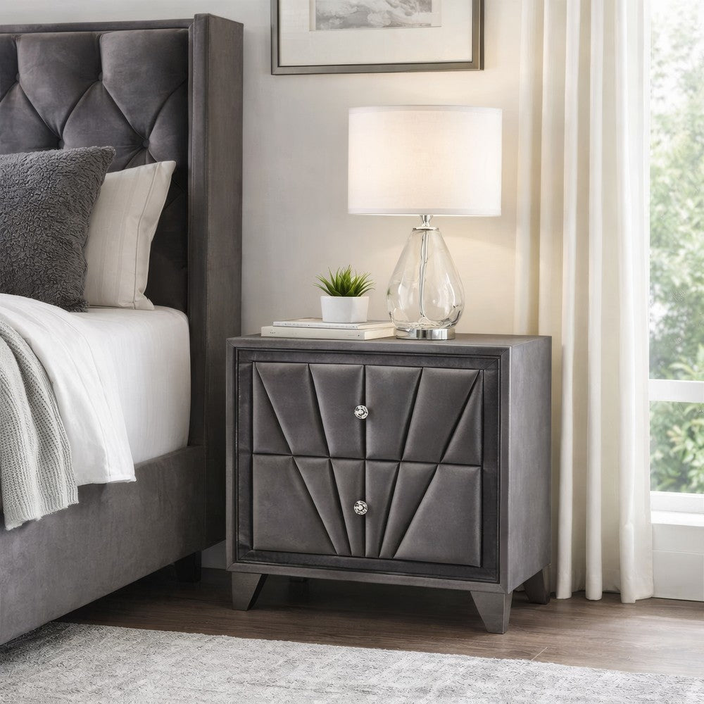 2 Drawer Fabric Frame Nightstand with Tufted Accent, Gray - BM239799