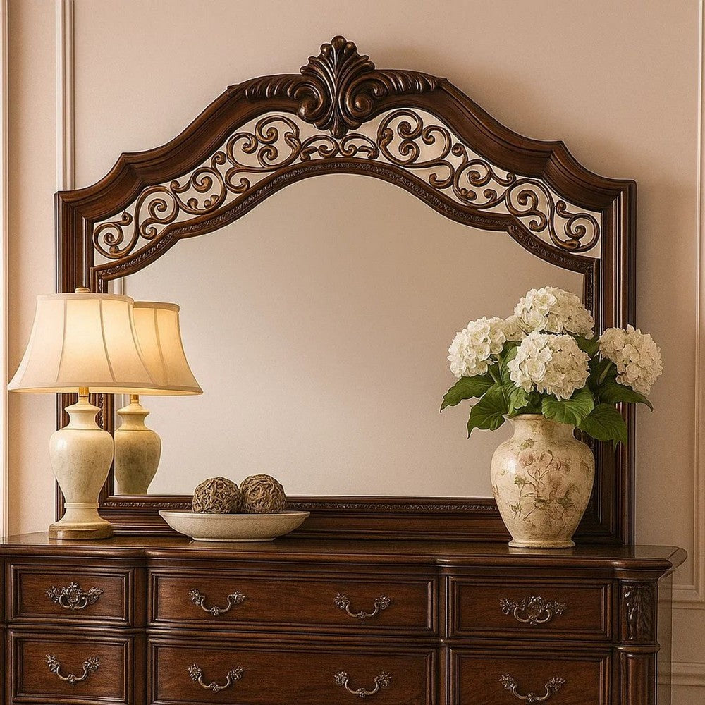 Molded Wooden Frame Mirror with Ornate Detailing, Brown By Casagear Home - BM239800