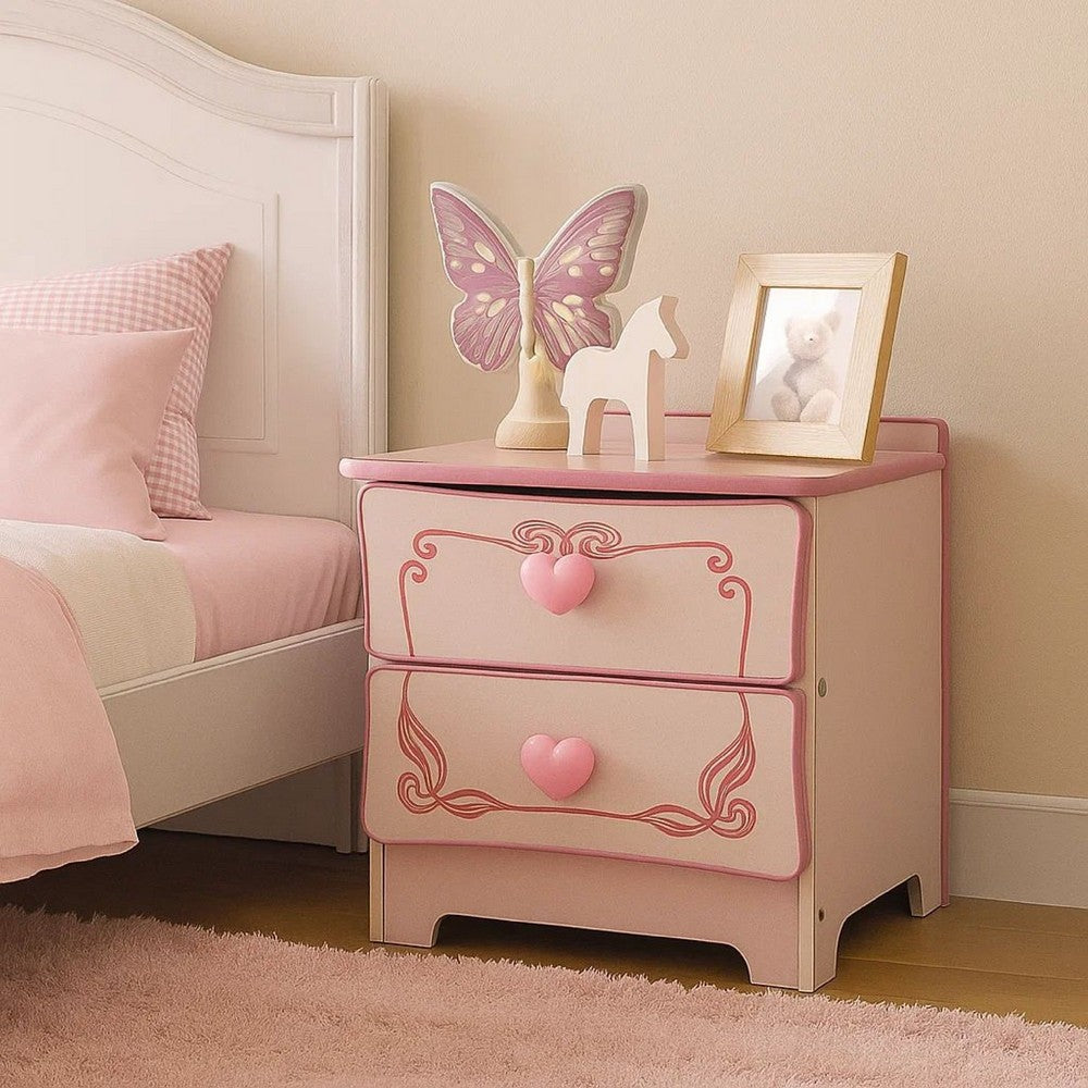 2 Drawer Wooden Nightstand with Heart Knob Pulls, Pink - BM239802
