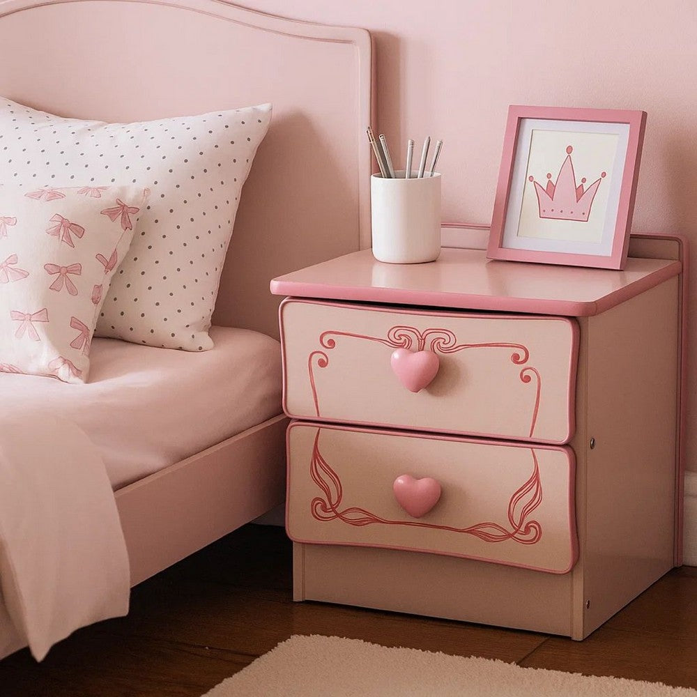 2 Drawer Wooden Nightstand with Heart Knob Pulls, Pink - BM239802
