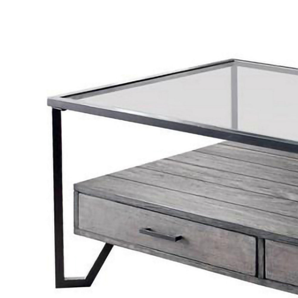 48 Inch Metal Coffee Table with Glass Top and 2 Drawers, Gray - BM239837