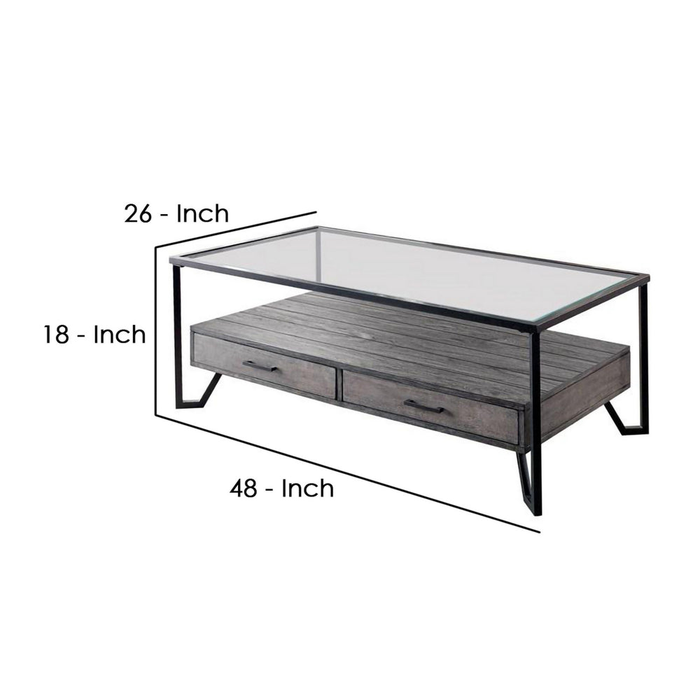 48 Inch Metal Coffee Table with Glass Top and 2 Drawers, Gray - BM239837