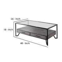 48 Inch Metal Coffee Table with Glass Top and 2 Drawers, Gray - BM239837