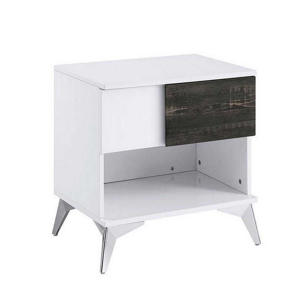 Two Tone End Table with Open Shelf, White and Brown - BM240043