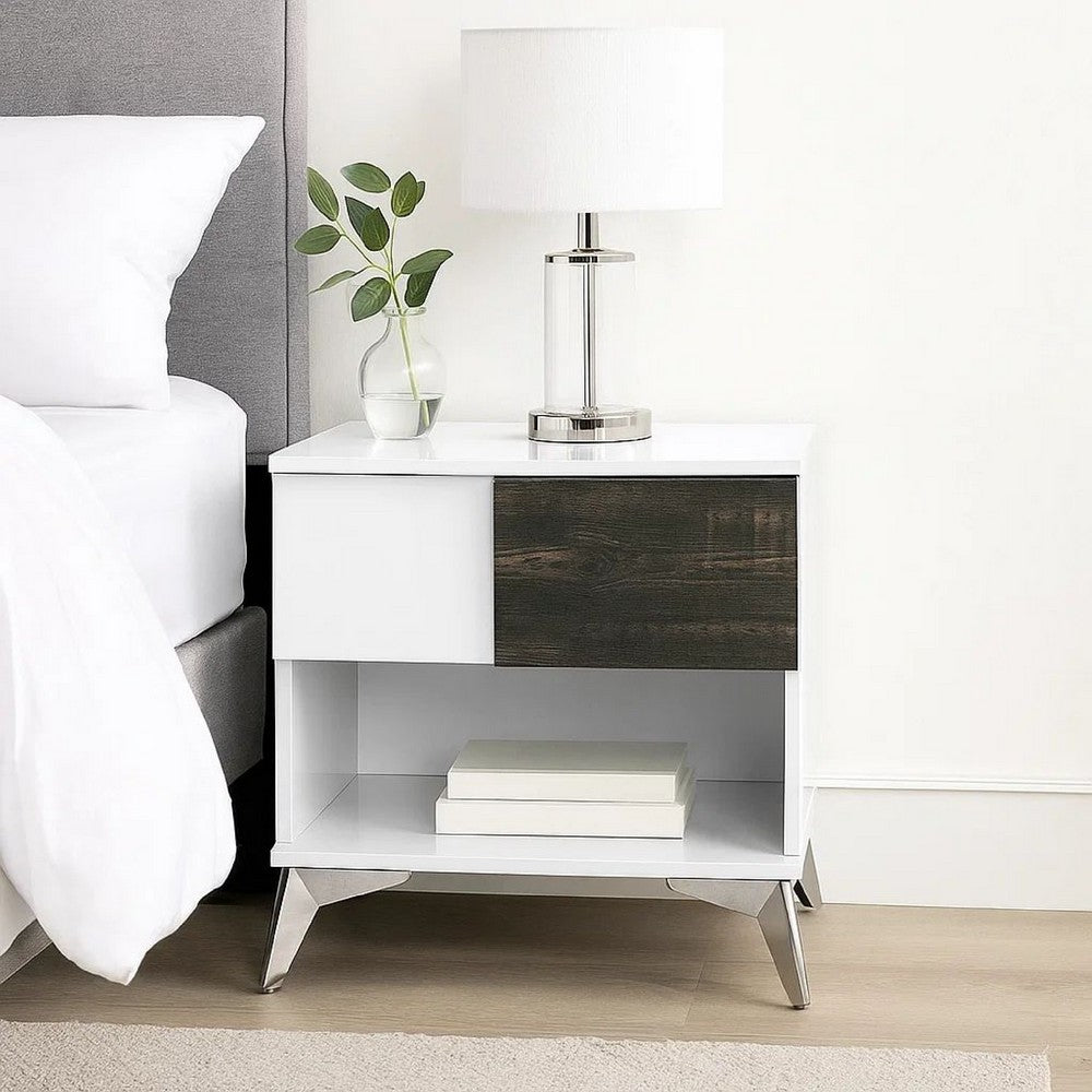 Two Tone End Table with Open Shelf, White and Brown - BM240043