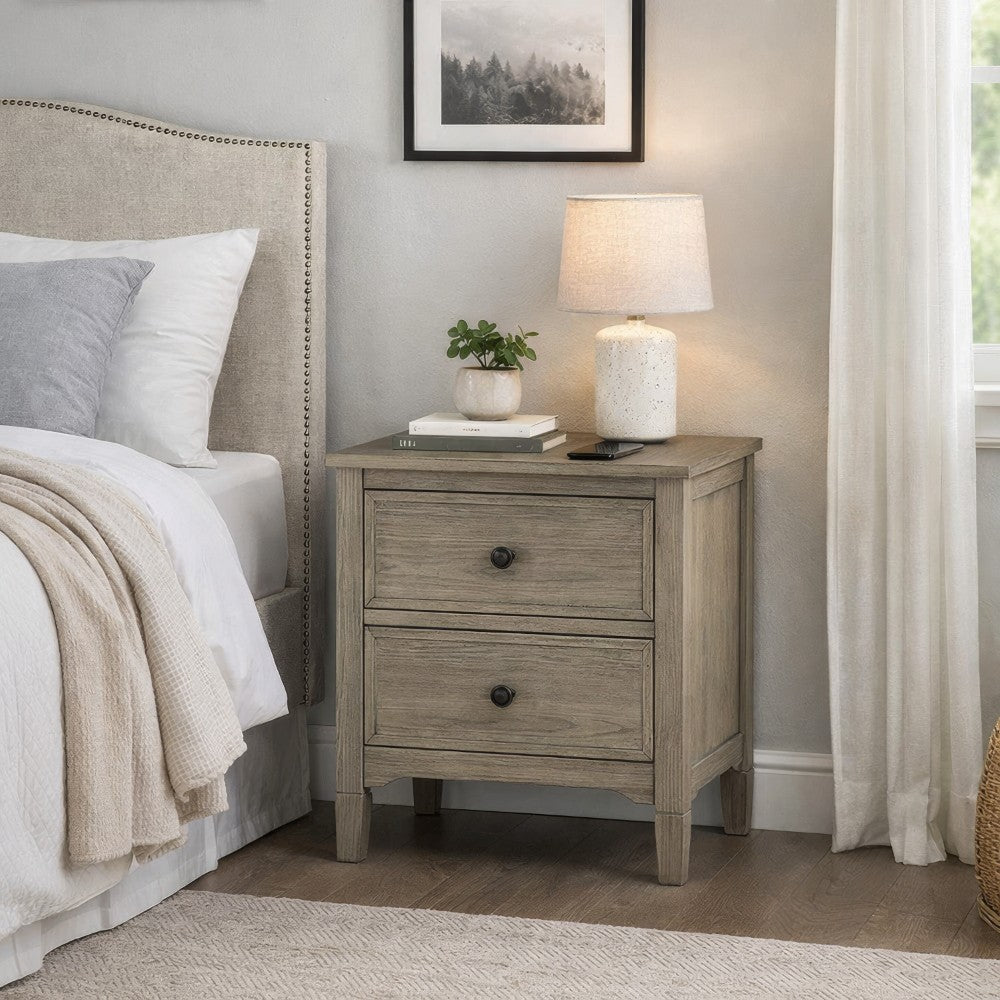 2 Drawer Wooden Nightstand with Round Knobs, Gray - BM240048