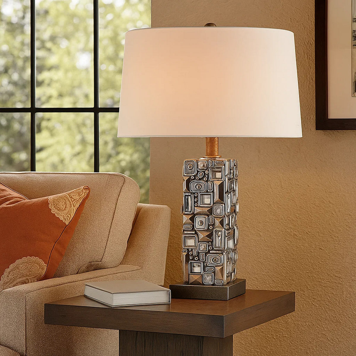 Table Lamp with Abstract Mirror Block Base, Bronze - BM240307