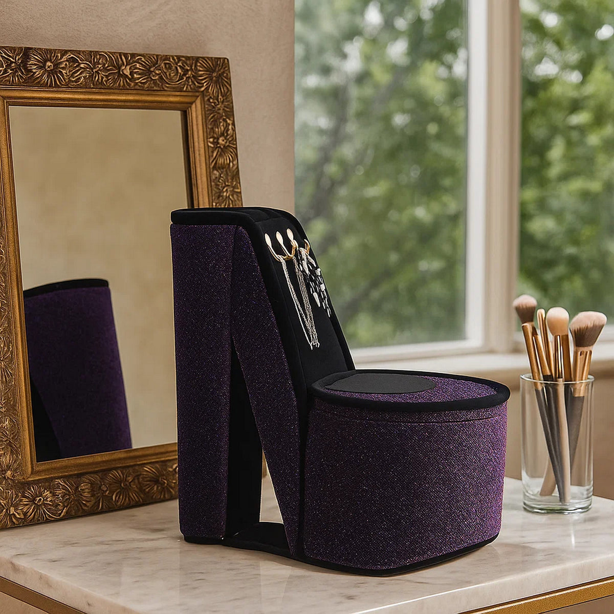 High Heel Shoe Jewelry Box with 3 Hooks and Storage, Purple - BM240355